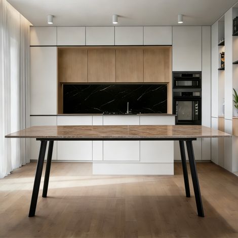 Tavolo Rettangolare Imperial 180x90 in Ceramica Effetto Marmo Senafe Brown Lucido con Gambe in Metallo Nero (1/5)