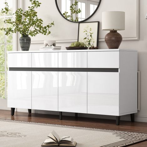 Buffet Blanc Brillant 160 cm, Meuble de Rangement Moderne avec Étagères Réglables, 4 Tiroirs, 4 Portes, pour Salon et Salle à Manger (1/5)