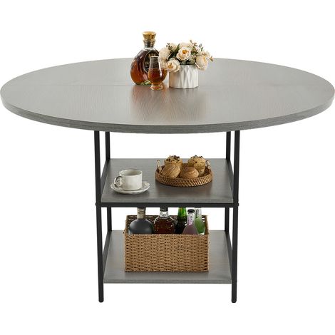 VEVOR Table a manger ronde, 120 cm, table de salle a manger en bois pour 2 a 4 personnes, mobilier circulaire moderne durable avec etagere de rangement et pieds metal, pour cuisine, salon, gris