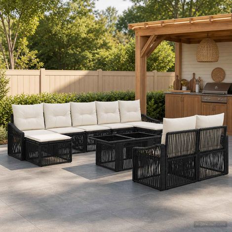 vidaXL Set Divano da Giardino 10 pz Nero e Bianco Crema polyrattan (1/5)
