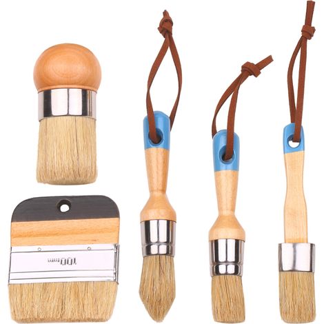 Ensemble de 5 pinceaux pour la maison comprenant des pinceaux ronds, pointus et plats avec manche ergonomique. Outil idéal pour peindre et cirer les meubles, les murs et les clôtures. (1/5)