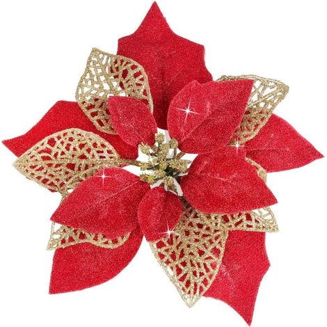 Décorations de Noël rouges clignotantes, 12 fleurs lumineuses pour sapin, ornements scintillants rouges, lot de 12 pièces pour arbre de fête (1/4)