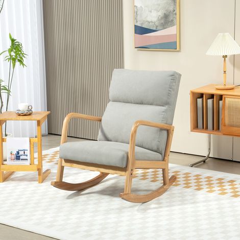 Mecedora Tapizada en Lino Silla Mecedora con Patas de Madera de Caucho y Reposabrazos Carga 150 kg Gris (1/5)