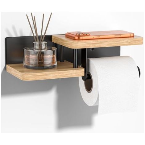 Porte-Papier Toilette avec Étagère – Chêne & Acier INOX, Trous de Fixation à vis, Support de Rouleau de Cuisine en Bambou pour Salle de Bain et Cuisine (1/5)