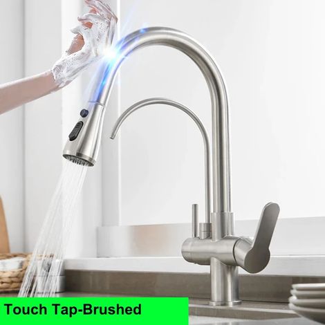 (9139--touch-brushed-G1/2)Nouveau robinet de cuisine tactile avec filtre, mitigeur thermostatique eau chaude/froide à douchette extractible et capteur d'eau pure. (1/5)