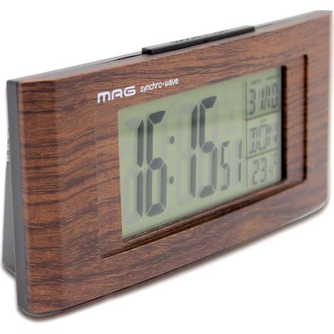 Reloj despertador radiocontrolado con acabado efecto madera y pantalla retroiluminada. (1/4)