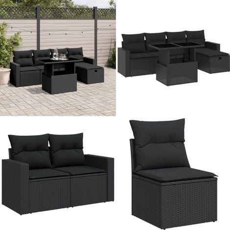 Salon de jardin 6 pcs avec coussins noir résine tressée - Ensemble Salon De Jardin - Mobilier De Jardin - Salon Extérieur - Table De Jardin Extensible - Chaise Longue - Home & Living (1/5)