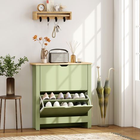 Meuble à chaussures 12 paires, armoire à chaussures étroite avec 2 tiroirs rabattables et étagères réglables, vert (1/5)
