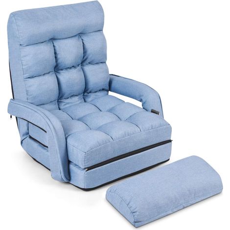 GOPLUS 18 Grille Fauteuil de Salon Convertible, Fauteuil chauffeuse canape-lit Pliable, Fauteuil Relax avec Dossier Reglable sur 5 Positions, Rangement Facile, pour Salon Bureau Chambre ,bleu (1/5)