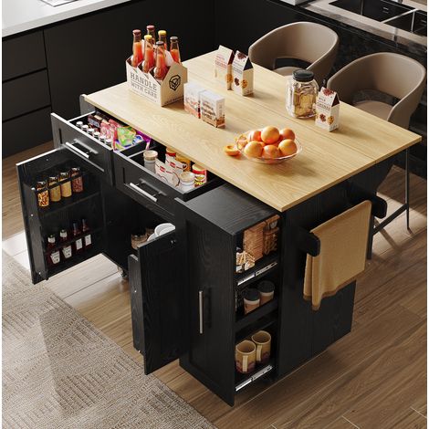 Carrito de cocina 134,5x74x90,5 cm con estantes extensibles, 2 puertas, 2 cajones, bandeja plegable, toallero, especiero, en MDF, negro (1/5)