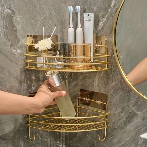 (Double couche dorée) 2 étagères d'angle de luxe en métal - Fixation murale, finition peinte pour le rangement dans la cuisine et la salle de bain - Idéales pour les cosmétiques et les soins de la pea (1/5)