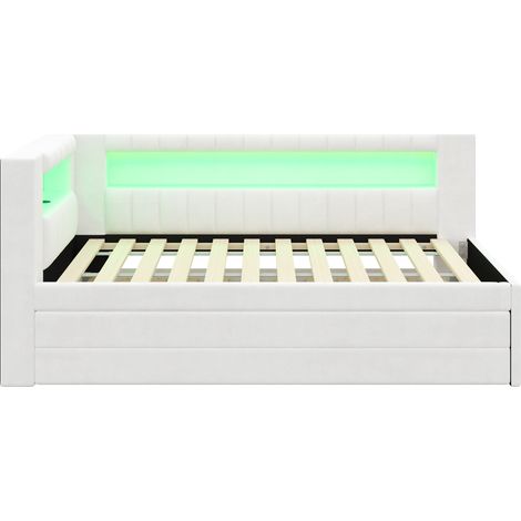 Cama nido tapizada blanca 90x200 con USB, LED, cama extraíble y 3 cajones (1/5)