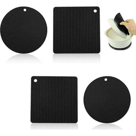 Lot de 4 tapis de pot en silicone noir alvéolé - 2 carrés + 2 ronds (1/5)