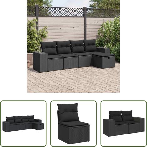 vidaXL Rattan - 5-tlg. Garten-Sofagarnitur mit Kissen Schwarz Poly Rattan (1/5)