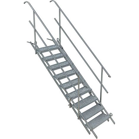 Matisère – Escalier droit 9 marches – Hauteur à franchir 2.16m – Inclinaison réglable 30 à 55° – Marches caillebotis acier – Double main-courante