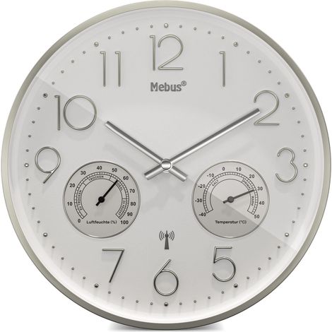 MebusOrologio da parete senza fili con termometro e igrometro silenzioso Cornice argento Bianco Modello 12989 - Precisione e comfort