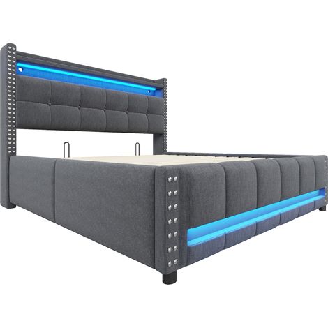 Letto contenitore 140 x 200 cm con LED, USB, vano portaoggetti, tessuto lino grigio HOMVRA (1/5)