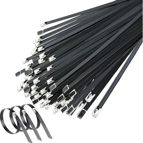Collier de Serrage Inox Noir 300mm, Attaches en Acier Inoxydable 50 Pièces, Collier Serrage Inox Pour Bande Thermique Echappement, Entretenir les Clôtures et les Auvents (1/5)
