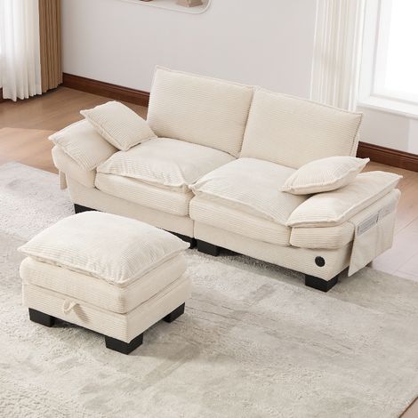 Modulares 2-Sitzer Cordsofa mit Stauraum-Hocker und USB-C Anschluss, ergonomische Couch für Wohnzimmer und Büro, 190x132x84 cm, Beige (1/5)