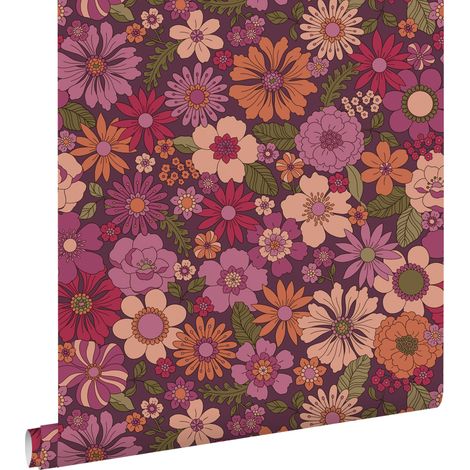 papier peint fleurs rétro violet aubergine - ESTAhome