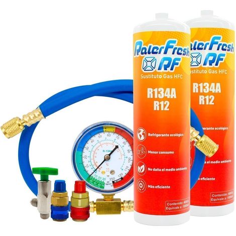 2 botellas Gas Refrigerante Ralerfresh RF, sustituto del R12 y R134A mas manometro con manguera y conectores (1/5)