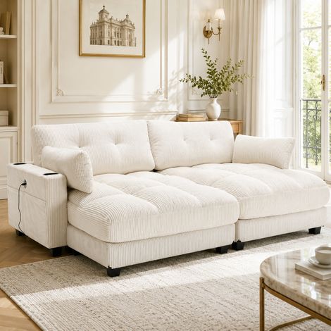 Divano in corda beige a 2 posti, divisibile in 2 posti singoli, con 2 cuscini, 4 portabicchieri, 4 tasche laterali, porte di ricarica USB sui braccioli, per soggiorno, camera da letto e studio (1/5)