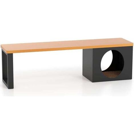 Banc de jardin marron en métal de 150 cm avec maison pour chat, griffoir amovible et pieds réglables pour terrasse et parc (1/5)