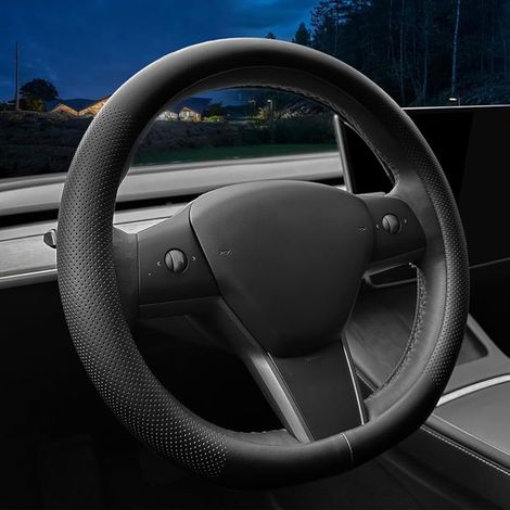 Housse de Volant de Voiture sur Mesure pour Tesla - en Cuir Nappa - Ultra Fin - Design antidérapant - Modification intérieure des Accessoires de Voiture (pour Tesla Model 3/Y) (Noir) (1/5)
