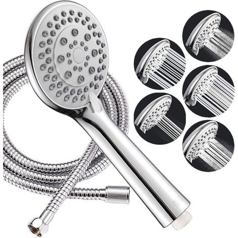 Pommeau de douche 107 mm – 5 fonctions – Finition chromée anti-calcaire – Tuyau flexible acier inoxydable 150 cm (1/5)