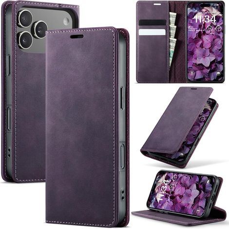 Coque pour iPhone 18 Pro/iPhone 17 Pro Premium Housse Cuir Protection Pochette Rabat Portefeuille Flip Case Porte Magnétique Coque Étui pour iPhone 18 Pro, Violet (1/5)
