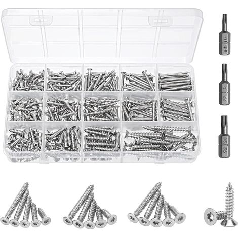 Sortiment mit 400 Edelstahlschrauben – M3, M3,5, M4 – Edelstahl – Selbstbohrende Schrauben und Holzschrauben – Heimwerker- und Befestigungsmaterial – mit 3 Bohrern (1/5)