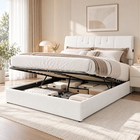 Lit coffre 160x200 cm avec sommier, lit double adulte capitonné en tissu blanc, tête de lit réglable en hauteur avec ports USB-C et USB, rangement hydraulique, cadre de lit moderne