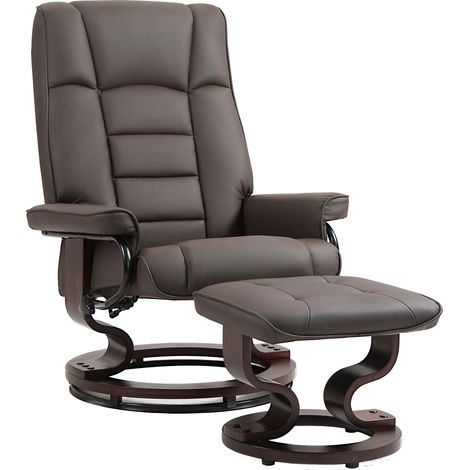 Bequemer Sessel mit Hocker, drehbar und verstellbar, Kunstlederbezug, Belastbarkeit 150 kg, Holzbeine, braun