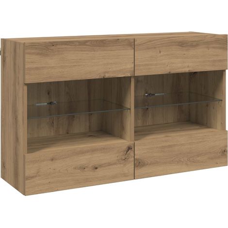 Mueble de TV de pared moderno con iluminación LED 98,5 x 30 x 60,5 cm para un salón elegante fabricado en madera de roble industrial acabado artesanal 020058391