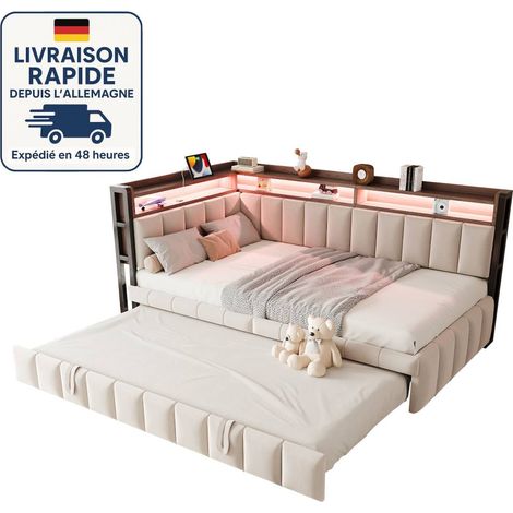 Sofá cama nido 90x200+90x190cm - tapizado - iluminación LED + puerto de carga - Incluye compartimento de almacenamiento - Tela de terciopelo - beige (1/5)