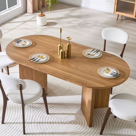 Table à manger ovale noyer 180 cm avec rangements sous plateau, plateau bois synthétique, pour salle à manger et cuisine