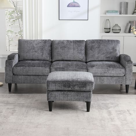 Divano in chenille grigio 196,5 cm 4 posti con pouf contenitore, portabicchieri e tasche laterali (1/5)