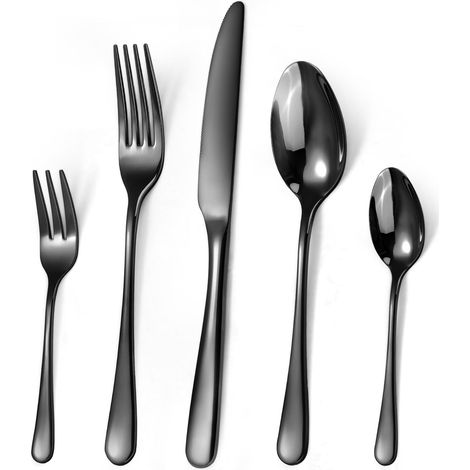 Ménagère pour 12 personnes, 60 couverts noirs, couverts en acier inoxydable brillant, fourchette, couteau, cuillère, surface miroir polie ultra brillante (1/5)