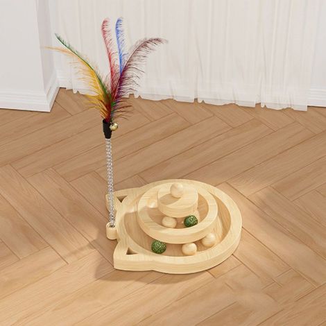 Jouet interactif pour chat - Plateau tournant pour chaton (bois massif) - Comprend trois balles en bois et deux balles à la menthe