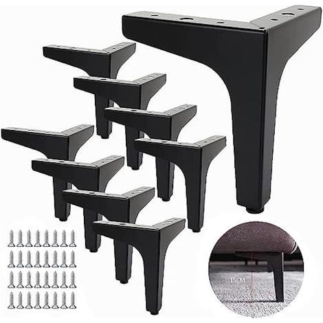 Lot de 8 Pieds de Canapé Metal 15 cm, Pieds de Table Basse Métal Charge Jusqu'à 600 KG Pied de Meuble Noir, Support de Table en Fer Forge/Sofa, Pied pour Meuble TV, Placard (1/5)