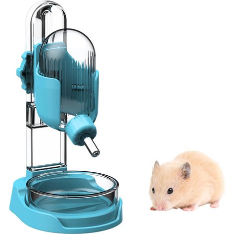 Hamster Water Bottle with Stand, 100ML Water Dispenser with Food Bowl for Syrian Hamsters, Dwarf Hamsters, Mice, Rats, Degus (Blue, P1692-Freestanding) (1/5)