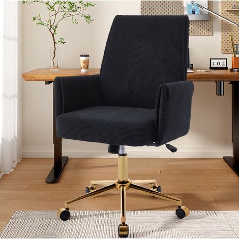 Bürodrehstuhl Schwarz aus Cord mit goldfarbenem Metallgestell und ergonomischer Rückenlehne (1/5)