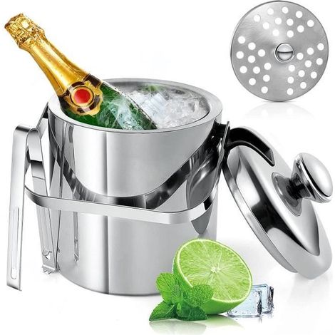 Seau a Glacon,Seau à Champagne de 1.3 L Seau à Glaçons à Double Isolation avec Couvercle ,pour Le Champagne et Le Vin (1/4)