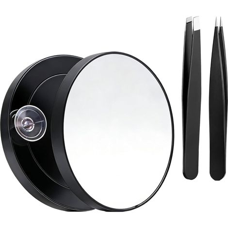 Miroir Grossissant Rond avec Double Ventouse, Miroir de Poche et de Voyage avec Pince à Épiler Biseautée et Pointue, Accessoire de Précision pour Sourcils et Visage, Noir (1/5)