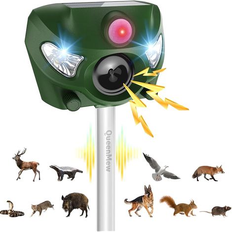 Ultrason Chat Exterieur, 5 Modes Répulsif Ultrason Chat pour Jardins, 26 Pieds Anti Pigeon avec Sirène et Flashs Lumineux, pour Chiens, Cerf, Renard, Oiseau, Lapin, Écureuil (1/5)