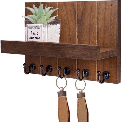 Wall Mounted Wooden Key Ring with 5 Key Hooks for Living Room, Bathroom, Kitchen, Entrance, Hallway (Brown) (1/5)