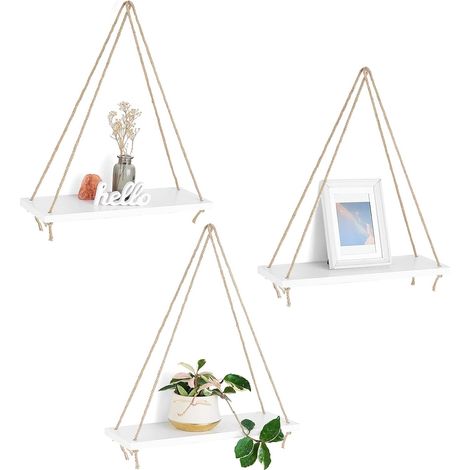 Support suspendu en bois de corde d'oscillation décorative de Boho, support d'affichage de mur de 3 pièces organisateur à la maison blanc (1/2)