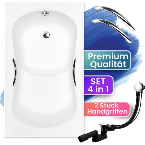 Badewanne Rechteck 120x70 + Handgriffen, Ablauf & Füße GRATIS - Komplettset 4in1 Original Acryl Wanne - BADLAND ARIA REHAB (1/5)