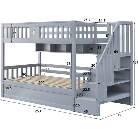 Lit bois 90x200cm, lit surélevé hydraulique avec escalier de rangement, étagères, lit mezzanine pour ado, gris (1/5)