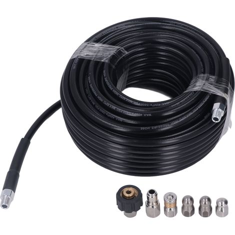 Kit de débouchage haute pression pour canalisations, tuyau de 30 m (100 pi), pression de 5800 PSI, filetage NPT 1/4 po, avec 2 clés. (1/5)